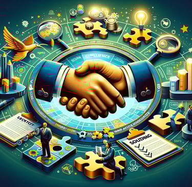 a handshake with business symbols