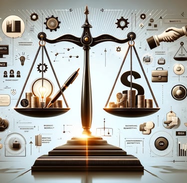 a scale with business symbols