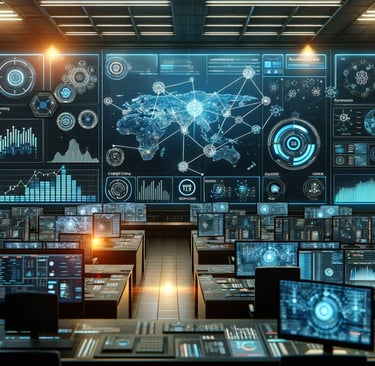 a room with multiple monitors on display