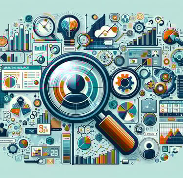 a magnifying glass with marketing symbols