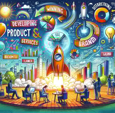 a group of people sitting at a table with a rocket