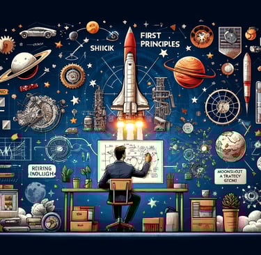 a man sitting at a desk with a rocket ship