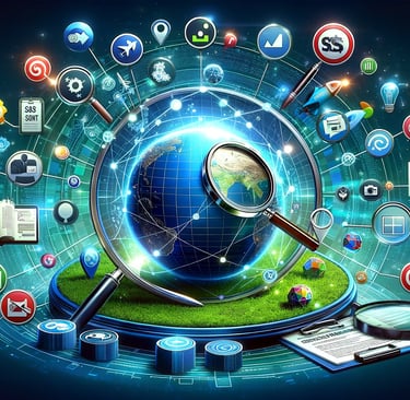 a globe with a magnifying lens and marketing symbols