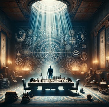 a man standing in front of a table with a chess game