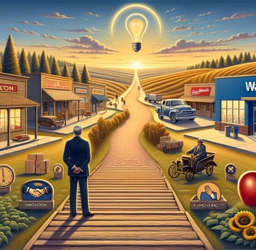 a man standing on a wooden walkway with a light bulb and a Walmart