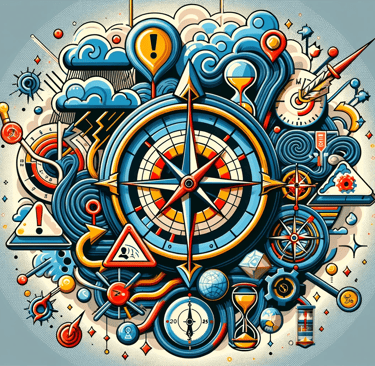 a clock with a compass and various objects