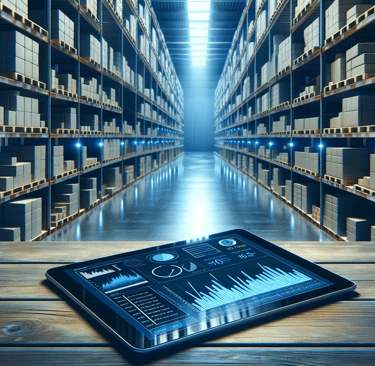 a tablet computer sitting on a table in a warehouse