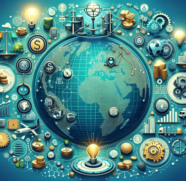 a globe in the middle of business symbols