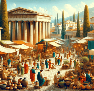 a painting of an ancient greek market
