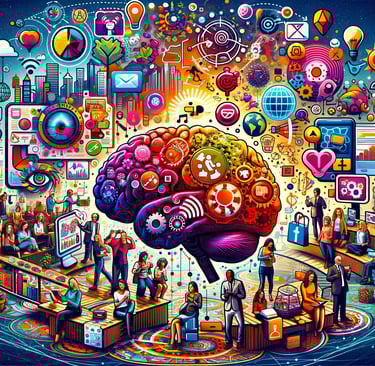 a brain map and marketing symbols