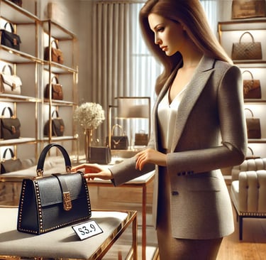 a woman in a suit and a purse