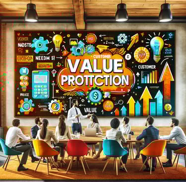 a group of people sitting around a table with a large poster