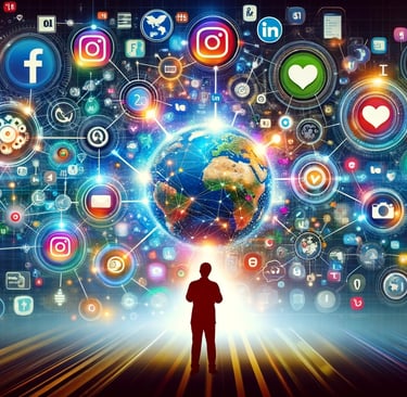 a person standing in front of a large screen with social media icons