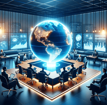 a group of people sitting around a table with a globe