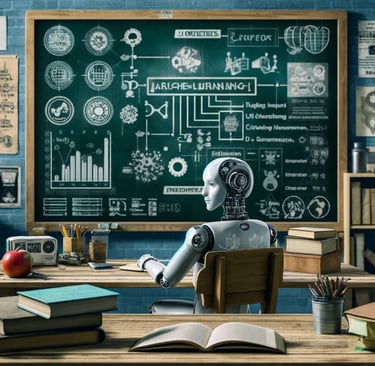 a robot is sitting at a desk with a blackboard