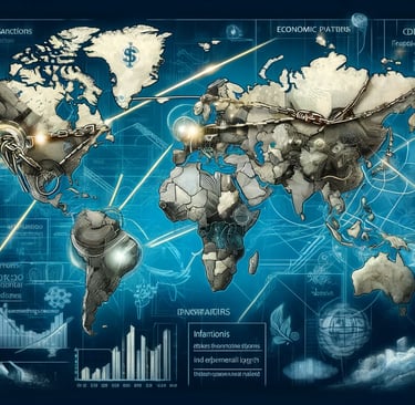 a map of the world with economic symbols
