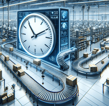 a clock on a conveyor belt in a warehouse