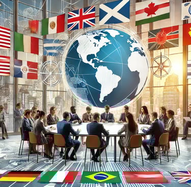 a group of business people sitting around a table with flags