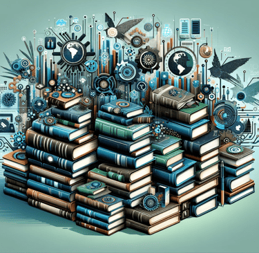 a pile of books with a clock on top of it