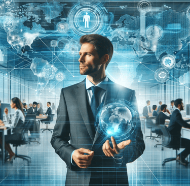 a man in a suit and tie is holding a tablet computer