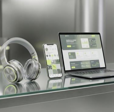 Um laptop e fones de ouvido sobre uma mesa para representar o podcast saúde que abraça