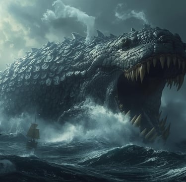 Leviatano ispirato alla descrizione biblica, squame spesse come armatura, fauci immense