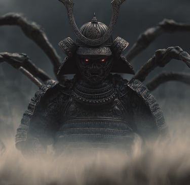 Guerriero samurai con zampe di ragno sulla schiena.