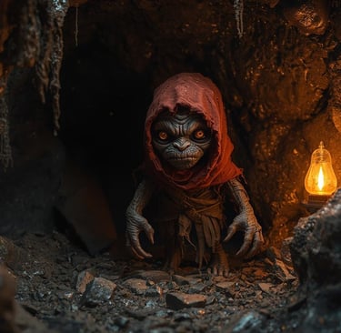 Creatura piccola e deformata, pelle scura e occhi ambrati lucenti