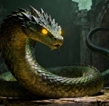 Immagine del basilisco, enorme mostro simile ad un serpente mitologico