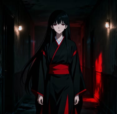 Immagine di Enma AI la protagonista dell'anime "Jogoku Shoujo", al centro di un corridoio