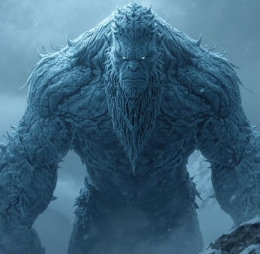 Jotunn di ghiaccio colossale, pelle azzurra screpolata come ghiaccio antico, occhi luminosi blu