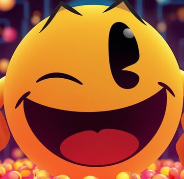 Pac-Man in primo piano che sorride, pillole sparse intorno