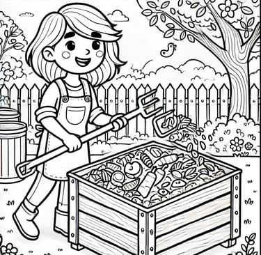 a cartoon women working a compost bin