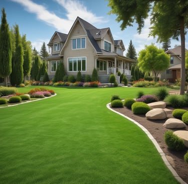 a lawn with a lawn and a house in the background