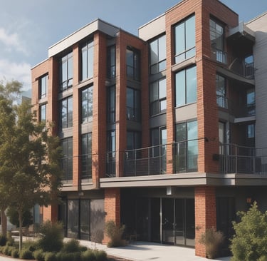 A damaged house is surrounded by a tall black fence with visible tarps and a collapsed roof. The foreground shows a concrete driveway bordered by patches of green grass. In the background, lush green trees stand against a clear blue sky.