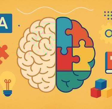 "Uma ilustração conceitual de cérebro com peças de quebra-cabeça coloridas, representando aprendizagem e desenvolvimento cogn
