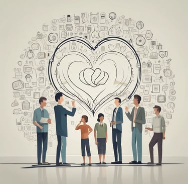 a group of people standing in front of a heart shaped drawing