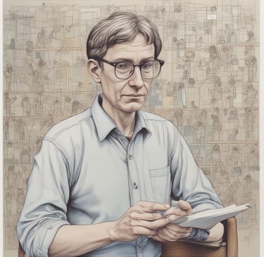 a man in a blue shirt and glasses is holding a tablet