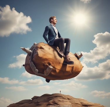 a man in a suit and tie is sitting on a rock