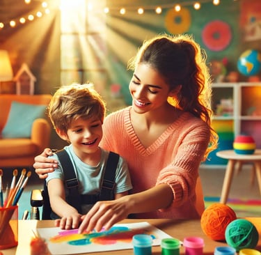 a woman and a child are playing with toys