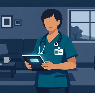 A flat style vector illustration of a home health nurse smiling while using a mobile tablet, represe