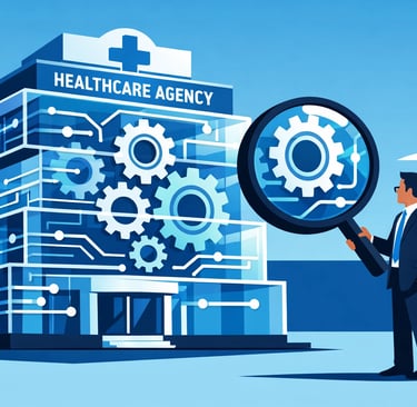  A digital handshake between a healthcare owner and a buyer, with icons of AI technology and rising 