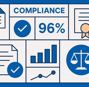 Compliance dashboard with checkmarks, “96%” metric, bar and line charts, and a justice scale icon