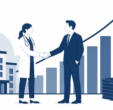 Flat-style vector illustration showing a rising valuation graph and a clinical professional shaking