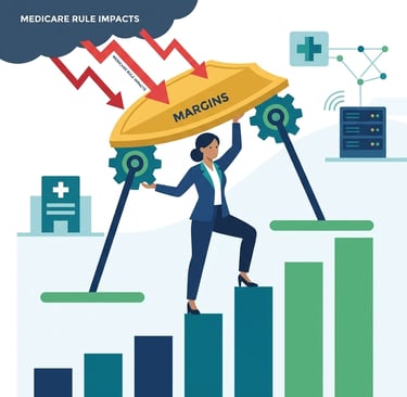 A professional hero image showing a healthcare executive reviewing financial charts representing the