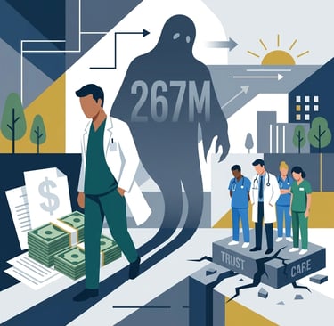 A conceptual digital illustration showing a translucent "phantom" figure standing behind a medical c