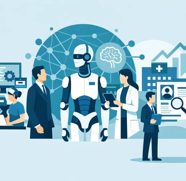 A professional digital graphic showing a human hand reaching toward a holographic interface represen