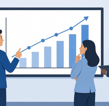 Flat-style vector illustration of three diverse business people reviewing a data chart on a large sc