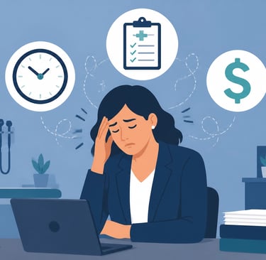 Flat-style vector of a professional looking stressed by floating icons of clocks, money, and medical