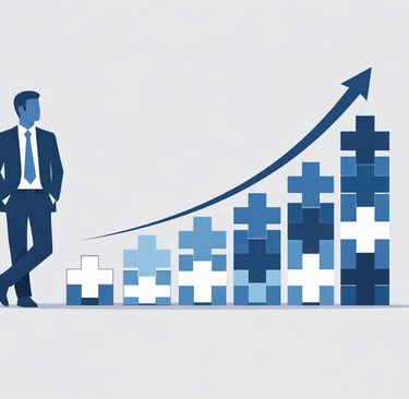 A smiling healthcare agency owner reviewing financial growth charts in an office.